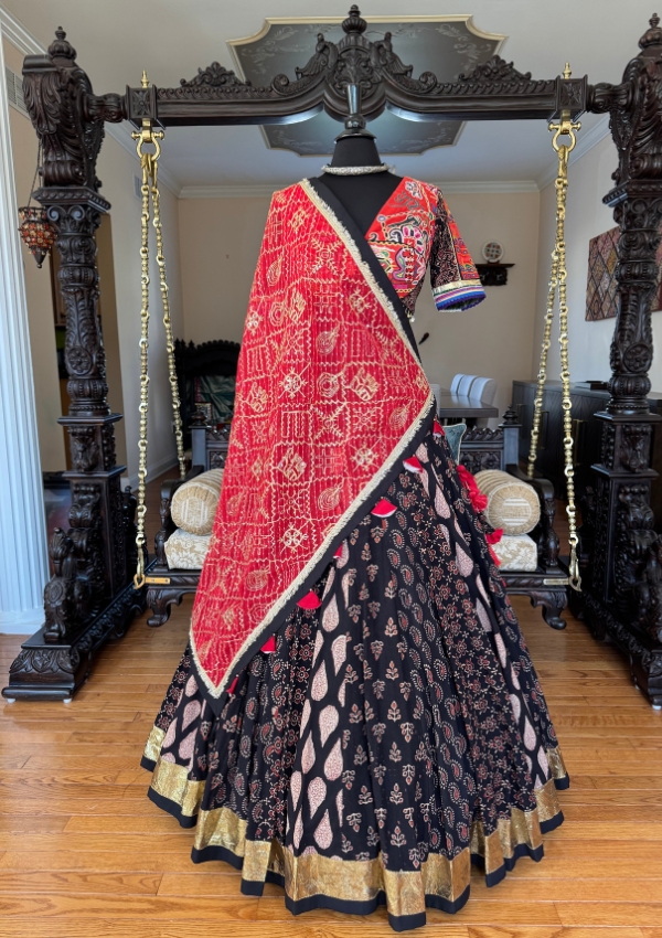 Black Block Print Chaniya with Dupatta